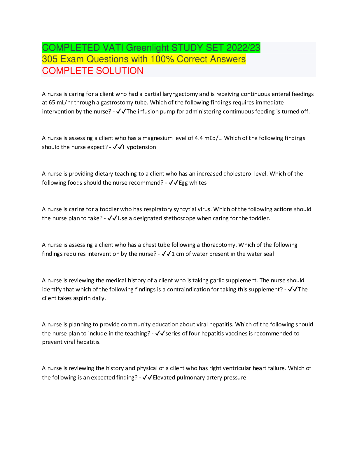 Preview of COMPLETED VATI Greenlight STUDY SET 2022/23 305 Exam Questions with 100% Correct Answers C